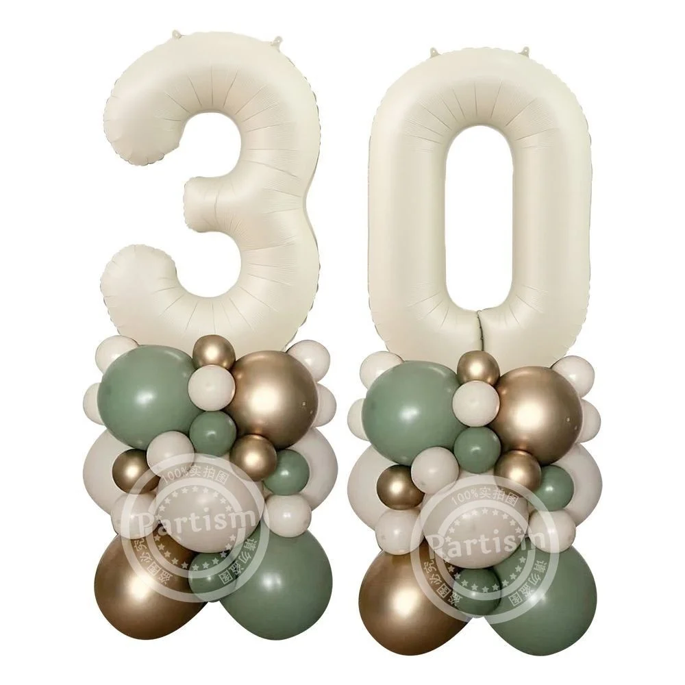 1set di palloncini verdi Beige Vintage con palloncino numero cremoso per 30 40 50 decorazioni per feste di compleanno per bambini forniture per