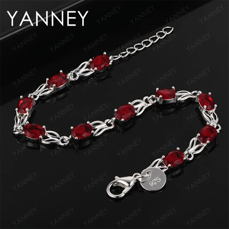 925 Sterling Silver 8 Inch Exquisite Red Zirconia Womens Bracelet Jewelry Wedding Party Favor Accessories