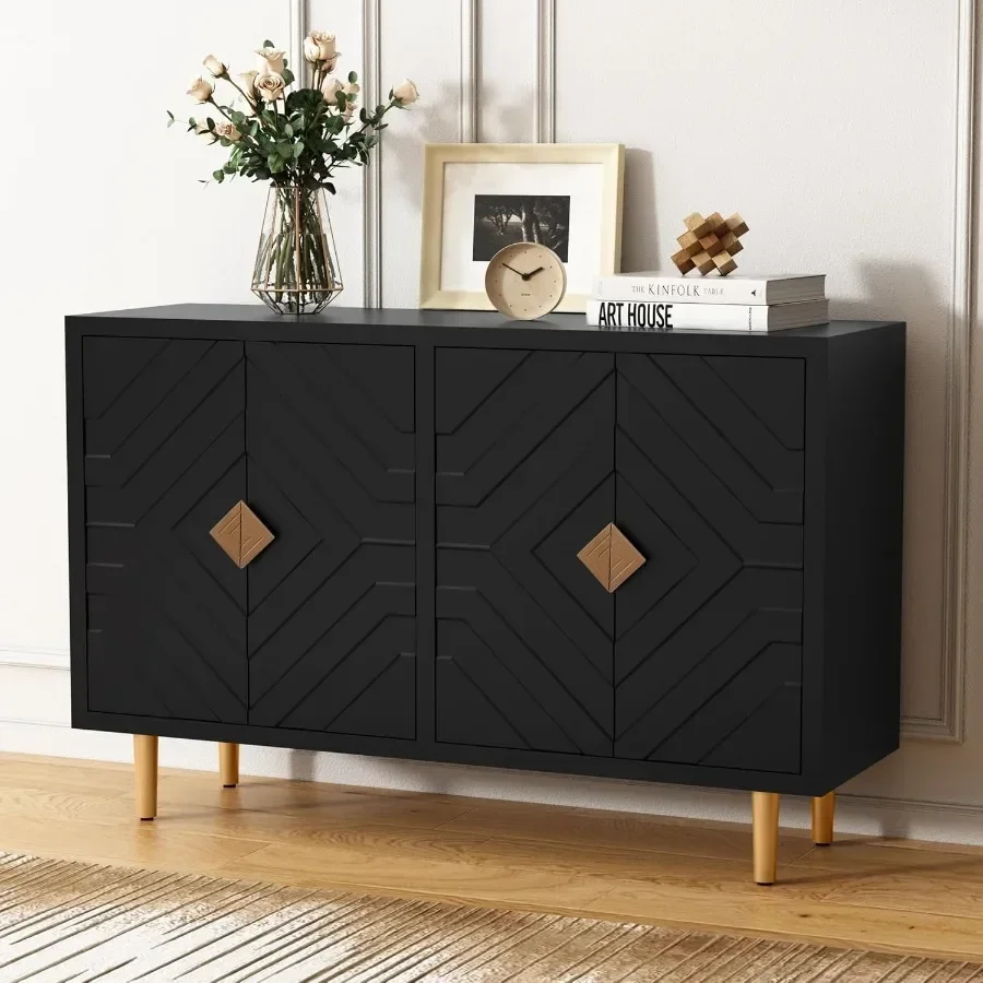 Modern sideboard buffet storage cabinet for dining room, MDF wood, black, 48'' wide with 4 doors and ample concealed storage