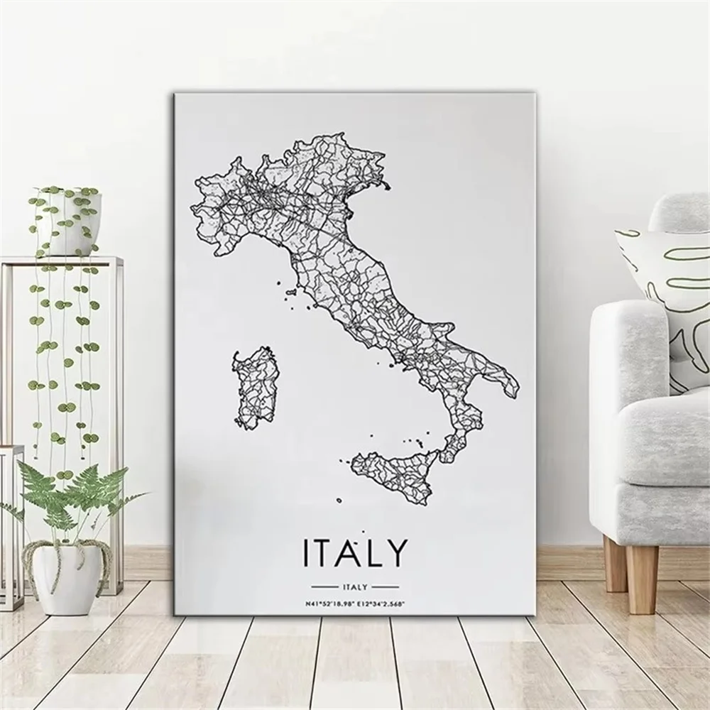 

Italy Poster Country Map Road Print Nordic Living Room Decoration Black and White Wall Art Canvas Painting Modern Home Decor