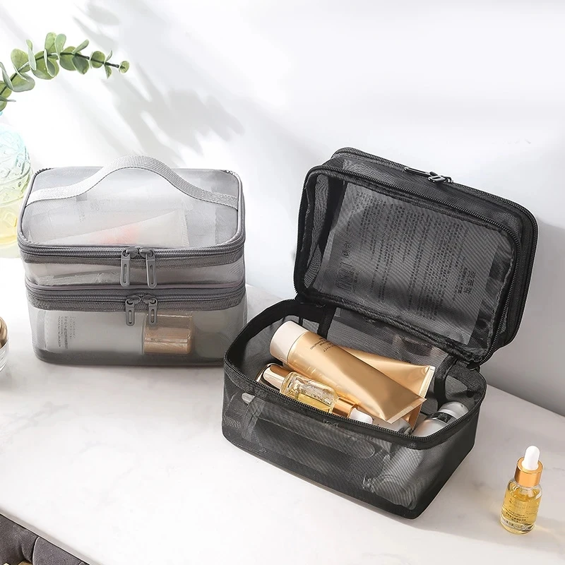 1pcs Mesh Makeup Bag Travel Cosmetics Storage Bag Large Capacity Double Layer Transparent Mesh Wash Bag