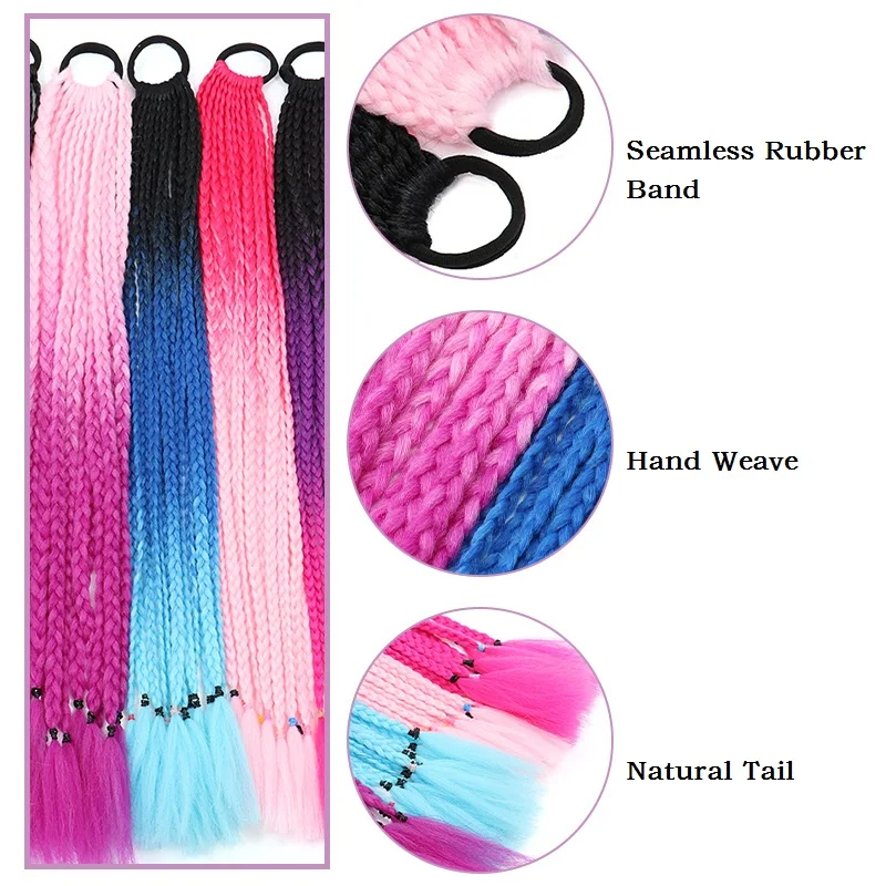 

24Inch Synthetic Gradient Colored Braided Ponytail Hair Extension Elastic Rubber Band Braiding Ponytail for Girl Women