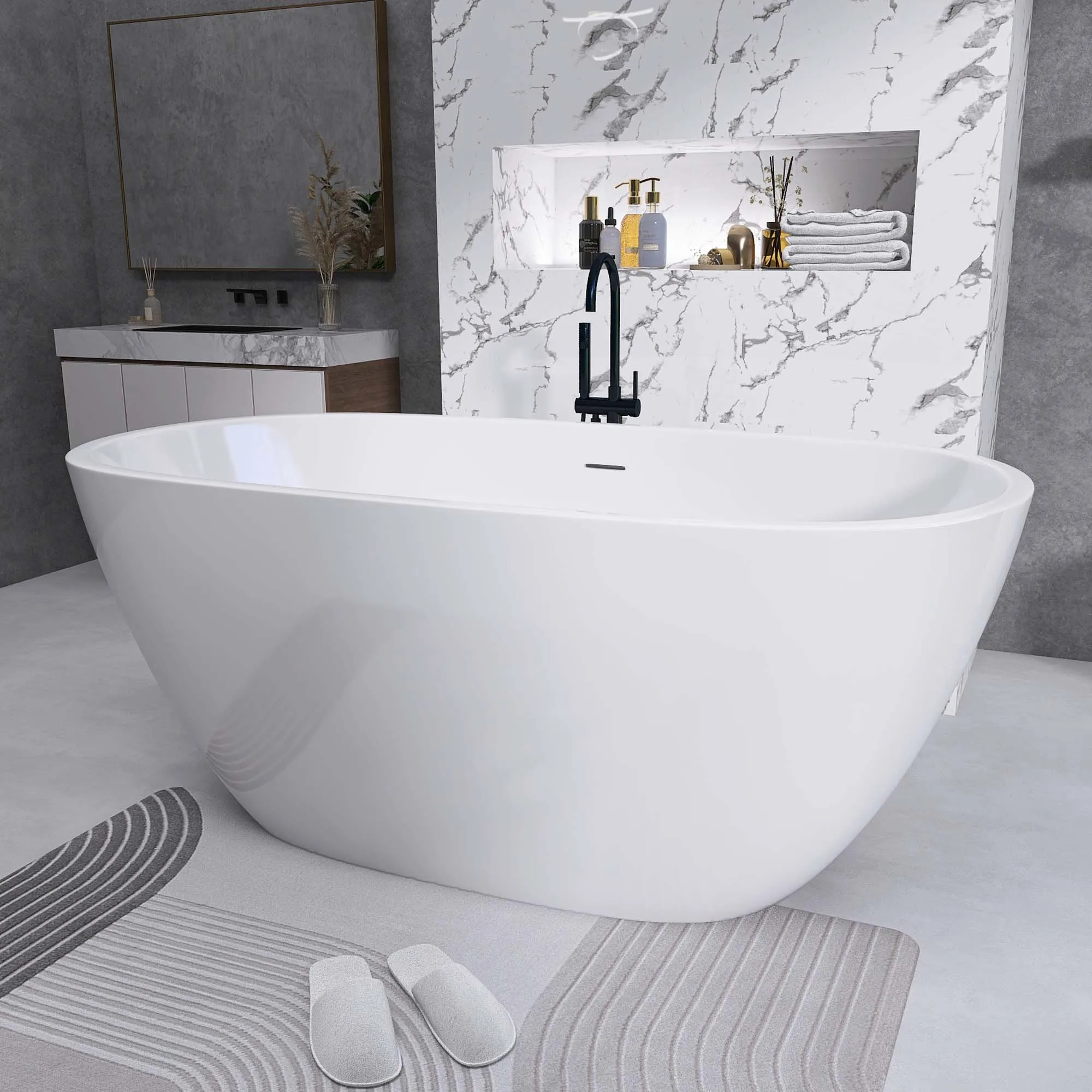 

55" Acrylic Free Standing Tub - Classic Oval Shape Soaking Tub, Adjustable Freestanding Bathtub with Integrated Slotted Overflow