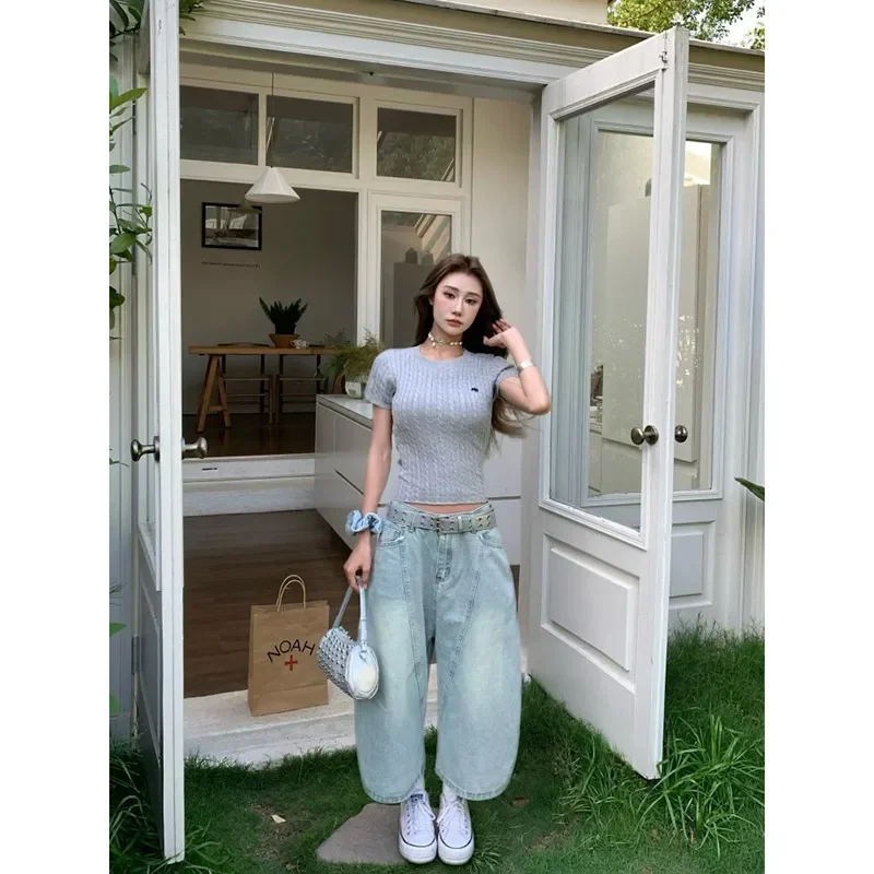 النساء الركبة طول البضائع الجينز Harajuku فضفاض واسعة الساق الدنيم بنطلون اليابانية 2000s قصيرة جان السراويل خمر الملابس كبيرة الحجم
