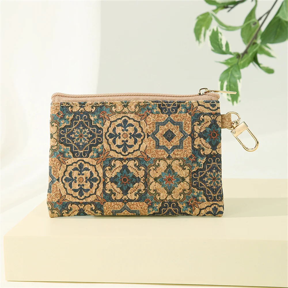 Women Creative Printed Pattern Coin Purse Mini Portable Card Holder High Quality Square Cork Vintage Clutch Zipper Money Bags