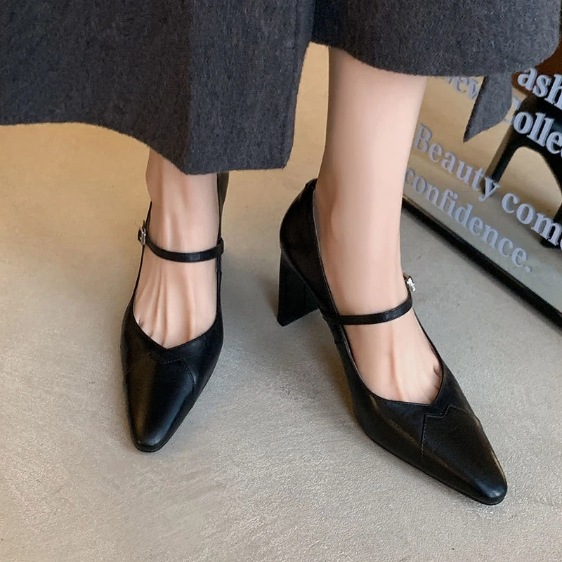 NEW Spring/Autumn Women Pumps Genuine Leather Shoes for Women Pointed Toe High Heel Shoes Shallow Buckle Strap Mary Janes Shoes