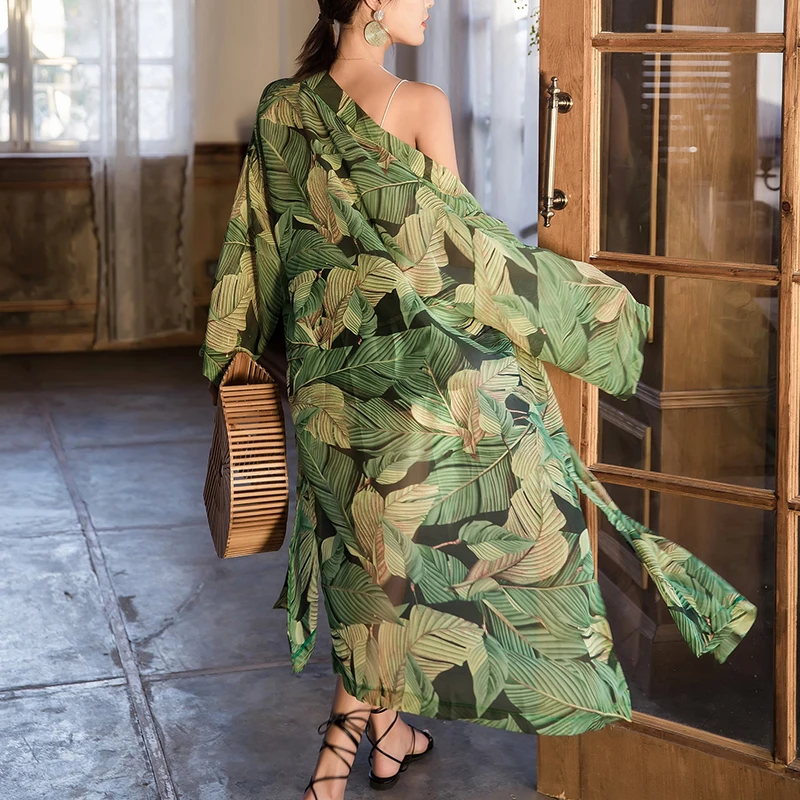 Vintage Green Printed Boho Long Kimono Cardigan Women Summer Holiday Beach Side-Slit Open-Front Long-Sleeve Chiffon Shirts