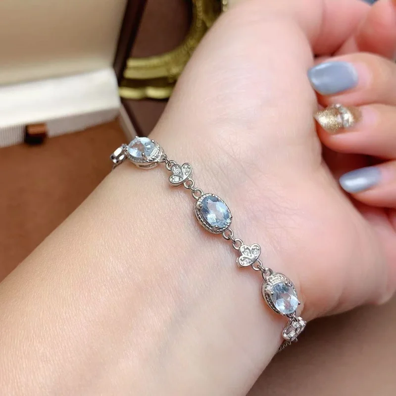 

Bracelet S925 Silver Inlaid With Natural Aquamarine, Garnet, Black Opal Oval 5X7