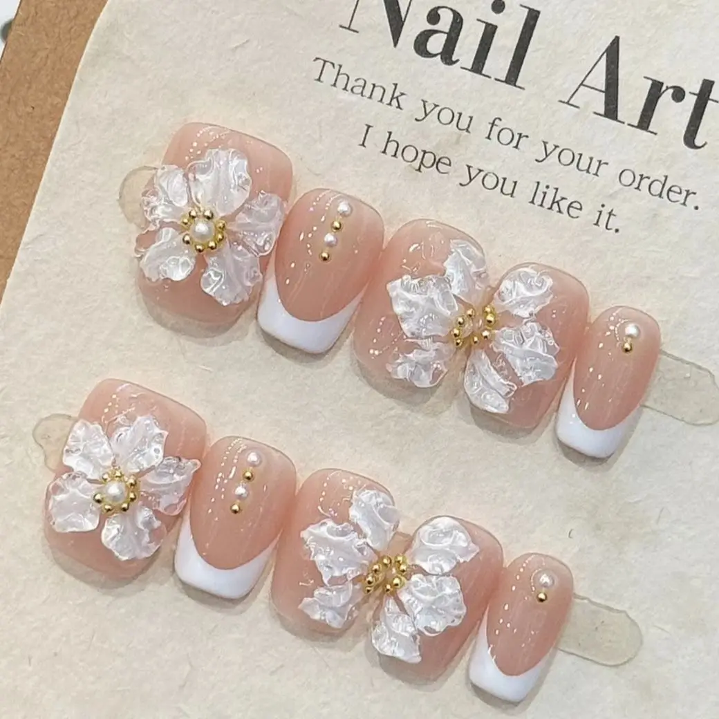

10Pcs Nude 3D Ice Flower Fake Nails White Edge French Manicure Pearl Fashion Handmade Wearable Light Luxury Full Cover Press On