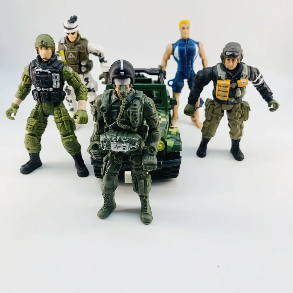 5pcs Movable Warrior Elite Force 1:18 Military Action Figure Toys + Assembling Jeep 10cm Terrorist SWAT Team for Children Gift