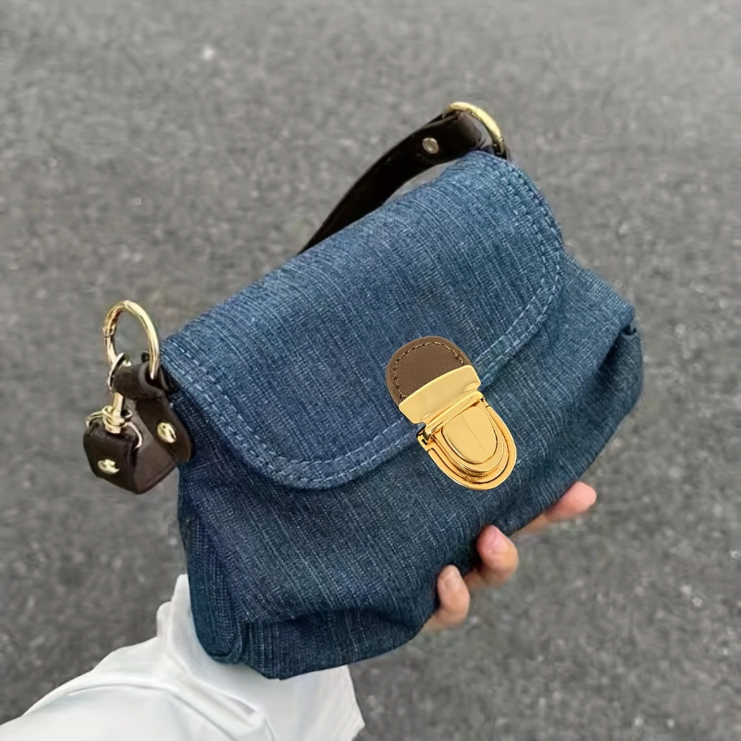 Vintage Denim Crossbody Bag, Trendy Mini Shoulder Bag, Women's Cloud Ruched Handbag, Flap Purse With Lock Buckle - Stylish Acces