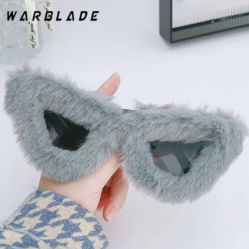 New Trendy Oversized Plush Sunglasses Winter Shades For Women Soft Fluffy Cat Eye Sun Glasses Personality Party Festival Glasses