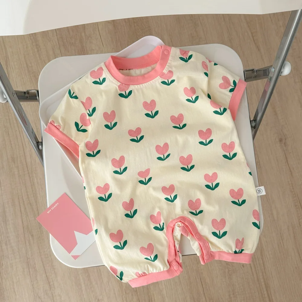 Летняя одежда для девочек от 0 до 2 лет, детские комбинезоны с короткими рукавами, розовые комбинезоны с принтом тюльпанов, наряд для маленьких девочек