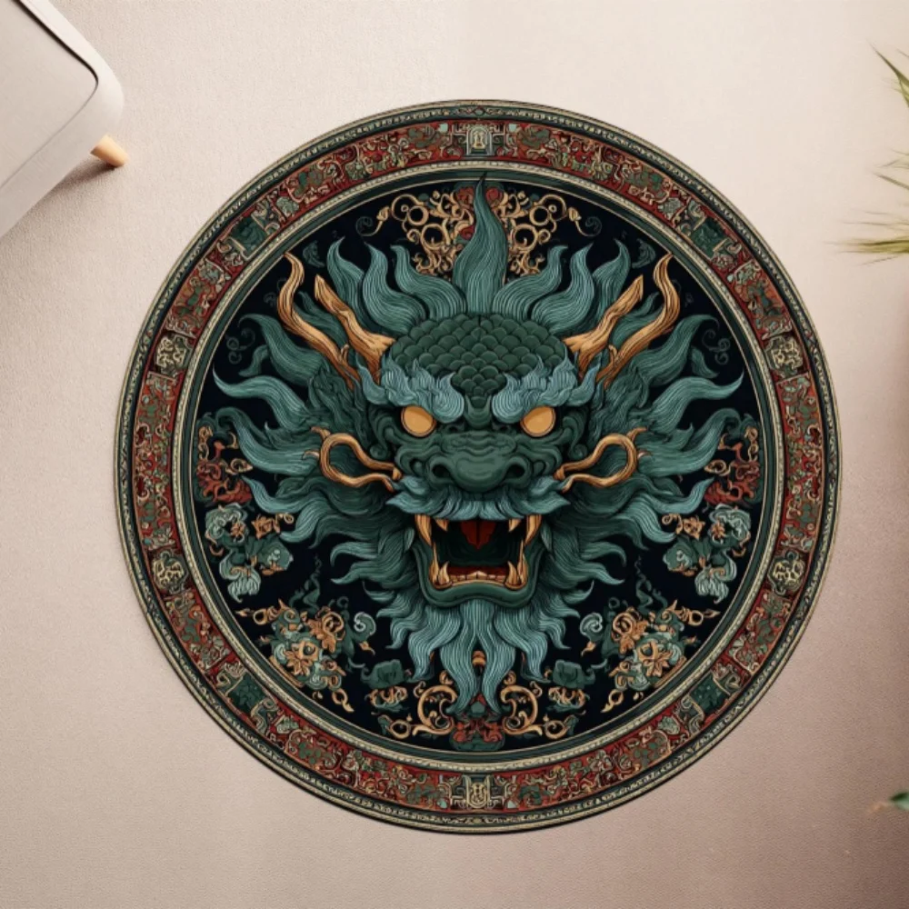 Medieval Winged Fire Dragon Antique Floral Border graphics Circle Rug,Living Room,Lounge,Bedroom Washable Rug Keepsake