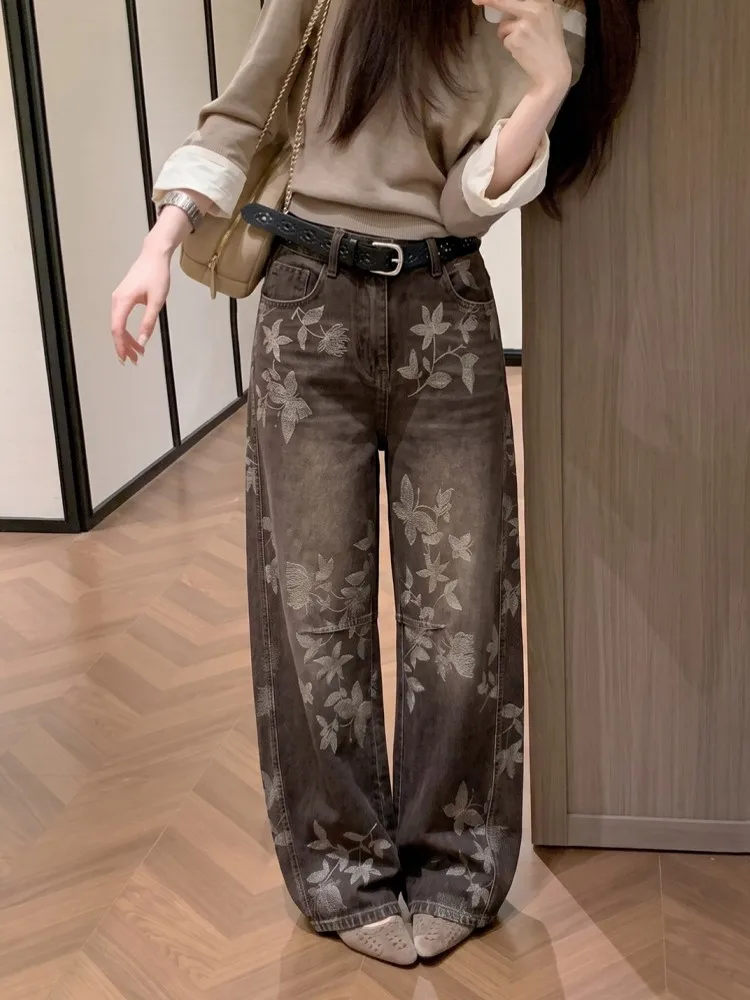 Fashion Women High Waist Shiny Embroidery Jeans Casual Loose Fit Distressed Wide Leg Pants Ladies Autumn Denim Straight Trousers