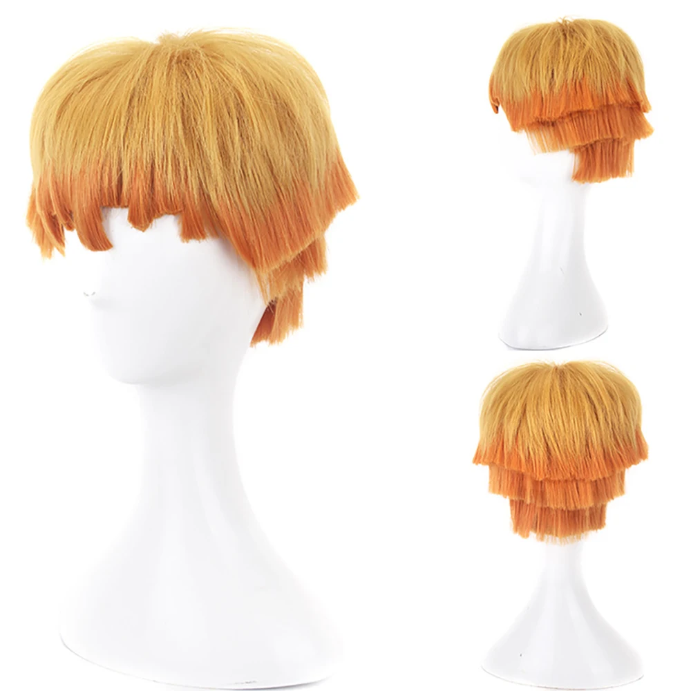 Rambut Komposit Cosplay Anime Demon Slayer: Zenitsu Agatsuma, Rambut Pendek Gradasi Oranye Tidak Beraturan, Wig Kulit Kepala Realistis untuk Pesta dan Kegunaan Sehari-hari