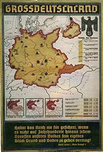 Vintage Tin Sign Metal Poster Art Decoration German Propaganda Poster Showing a Map of Greater Germany Just Prior to The Outbrea