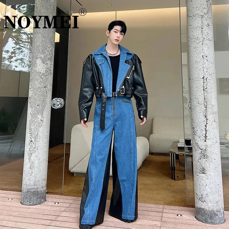 NOYMEI Irregular Washed Denim Patchwork Lapel Short Jacket Wide Leg Pants Men's Twp Pieces Set Autumn 2024 New Male Suits WA3009