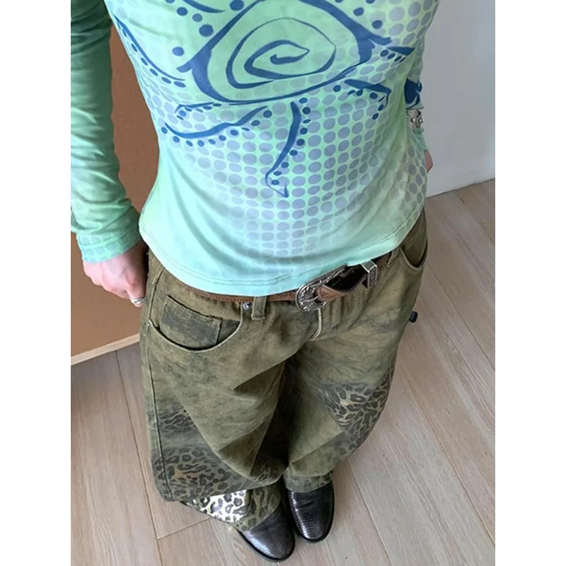 أزياء المرأة ليوبارد الجرافيك الهيب البوب الجينز فضفاض مستقيم الساق حزب الدنيم السراويل النمط الأمريكي الجديد الشارع الشهير سراويل جينز