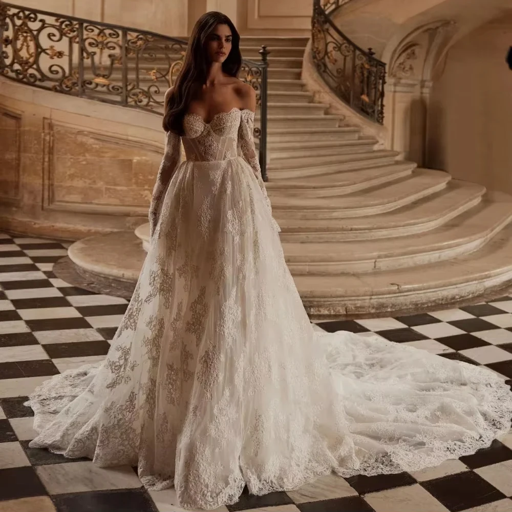 تخصيص قبالة الكتف فساتين الزفاف الحبيب طويلة الأكمام الدانتيل يزين ألف خط الأميرة العروس ثوب الزفاف ثوب الزفاف