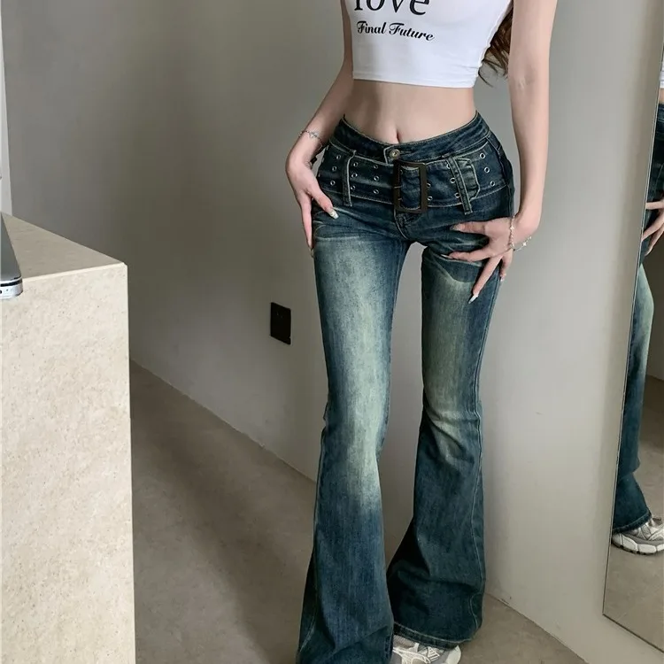 

Сексуальные американские джинсовые джинсы в стиле ретро, женские дизайнерские джинсы с широким поясом и низкой талией, облегающие облегающие брюки-колокольчики, модные хлопковые стринги...