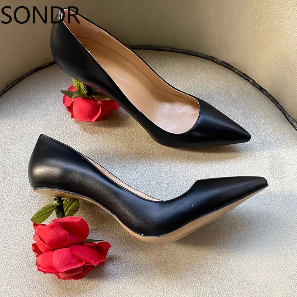 

Womens Pointed Toe Real Leather Rose Strange High Heel Low Top Sexy Shoes Stilettos Party Luxury New 2024