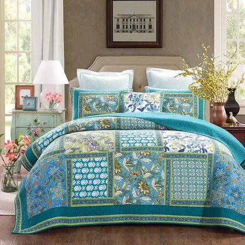 Pastoral Style Bedspread on Bed Cotton Quilt Set 3PC Quilted Blanket for Bed King Queen Size Handmade Patchwork Summer Comforter