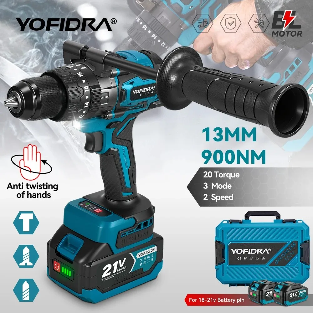 YOFIDRA 900N.M 3200RPM Bürstenlosen Elektrischen Schlagbohrmaschine 13mm Hammer Bohrer Akkuschrauber Werkzeug Für Makita 18V Batterie pin