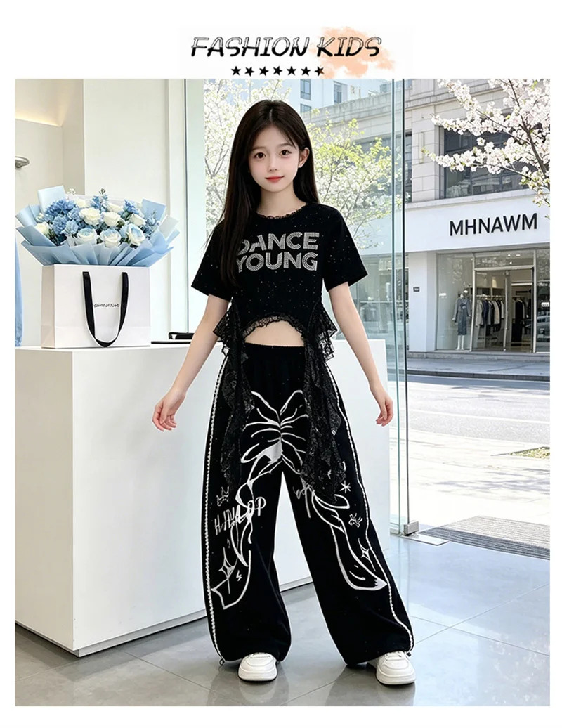 Neuheiten Hip-Hop Kleidung für junge Mädchen, Anzug mit Crop-Top und Hose, modischer Print, 2-teiliges Streetwear-Tanzkostüm für Kinder 8 10 12 Jahre – Detail 3