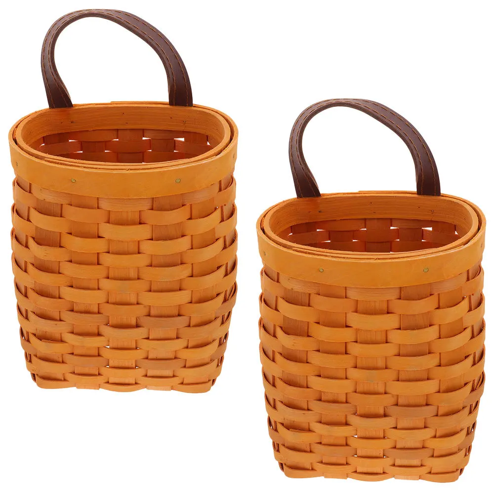 

2pcs Woven Storage Baskets Wall Hanging Kitchen Vegetable Baskets Rustic Wooden Braided Basket For Fruit Cans Seasoning