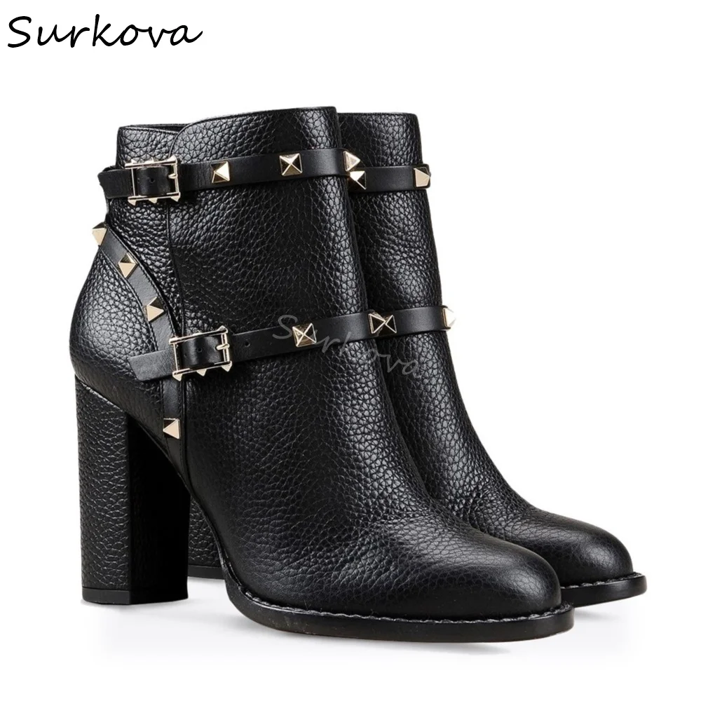 Rivet Belt Buckle Leather Ankle Boots Women Round Toe Chunky Heels Slip On Contract Short Boots 2024 New Winter Fashion Boots