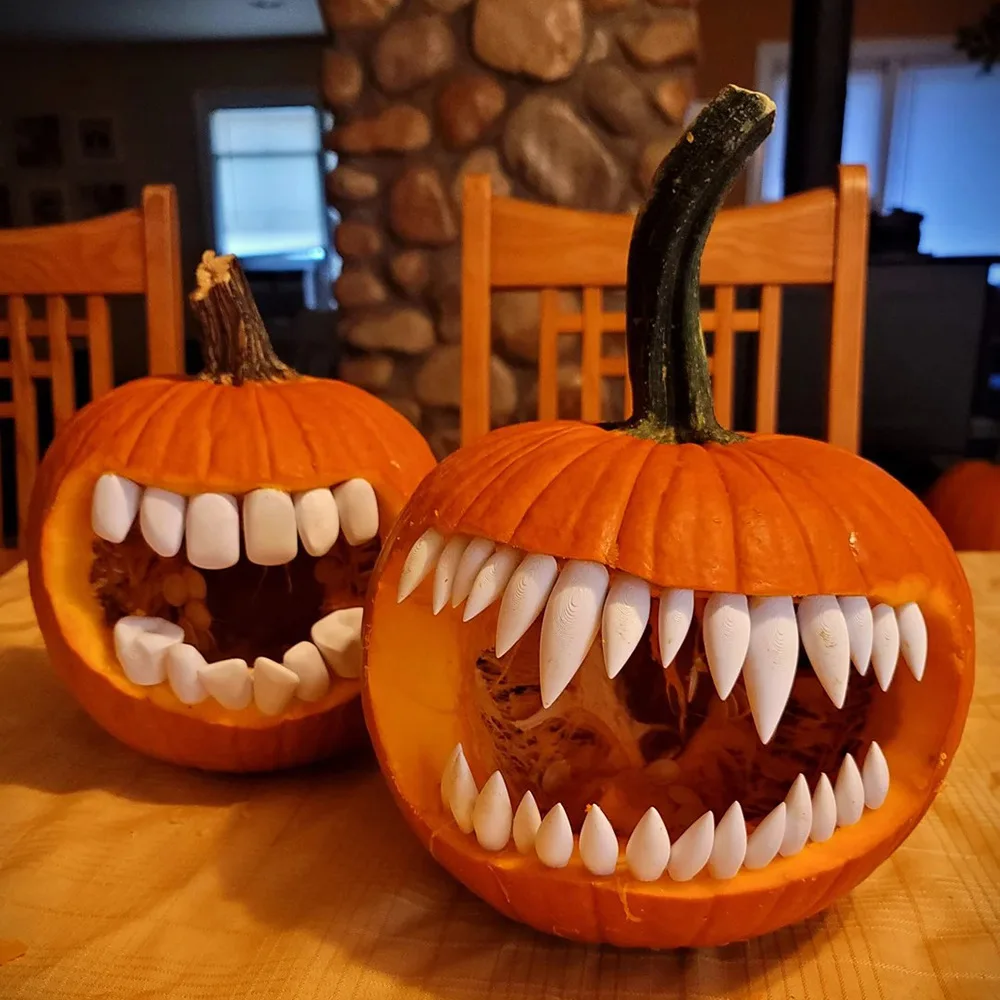 Halloween Pumpkin Teeth Decorations 3D Printed Jack O Lantern Teeth Kit Sharp Fang Round Teeth Inserts Pumpkin Not Included