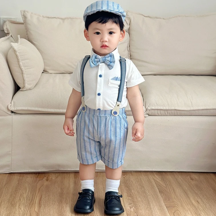 Boys Suit 2026 Spring and Summer New Childrens Wear Boys Baby British Style Foreign Short Sleeve Shorts with Hat Three Sets
