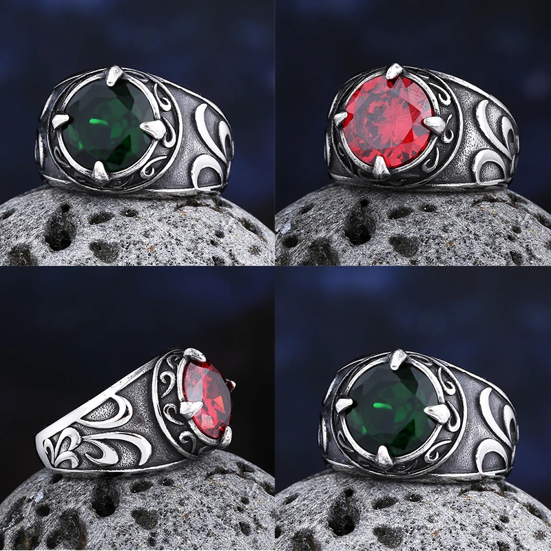 Vintage Red%Green&White Zircon Ring With Totem&Pattern For Man Women Gift Fashion Punk Wind Islamic Religious Muslim Jewelry