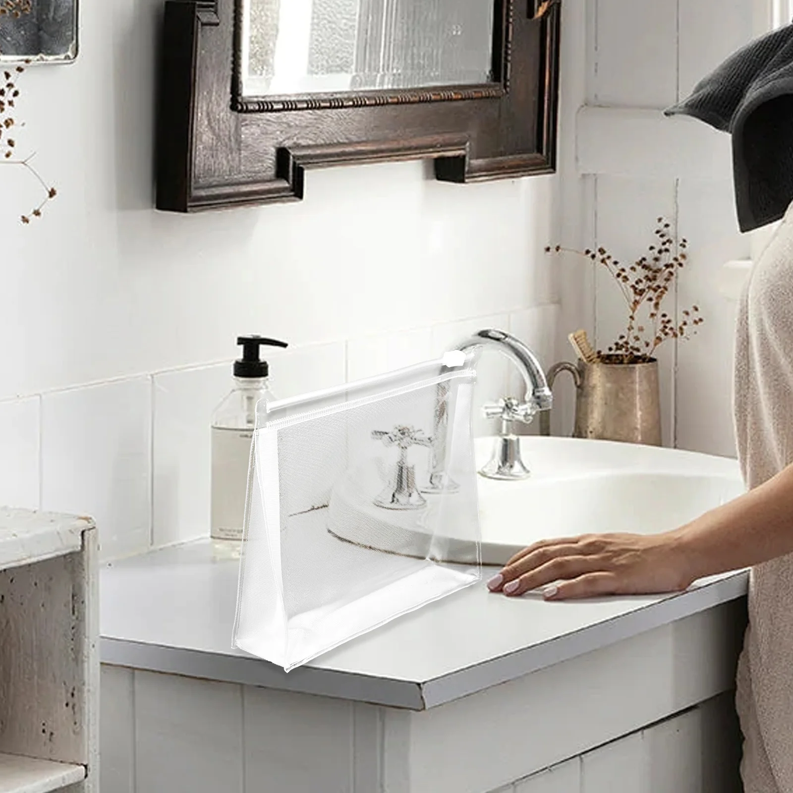 10 قطع من حقائب أدوات الزينة الشفافة للسفر، حقيبة مكياج للنساء، فتحة كبيرة، منظم مانع للتسرب، حجم السفر، تعبئة أساسيات