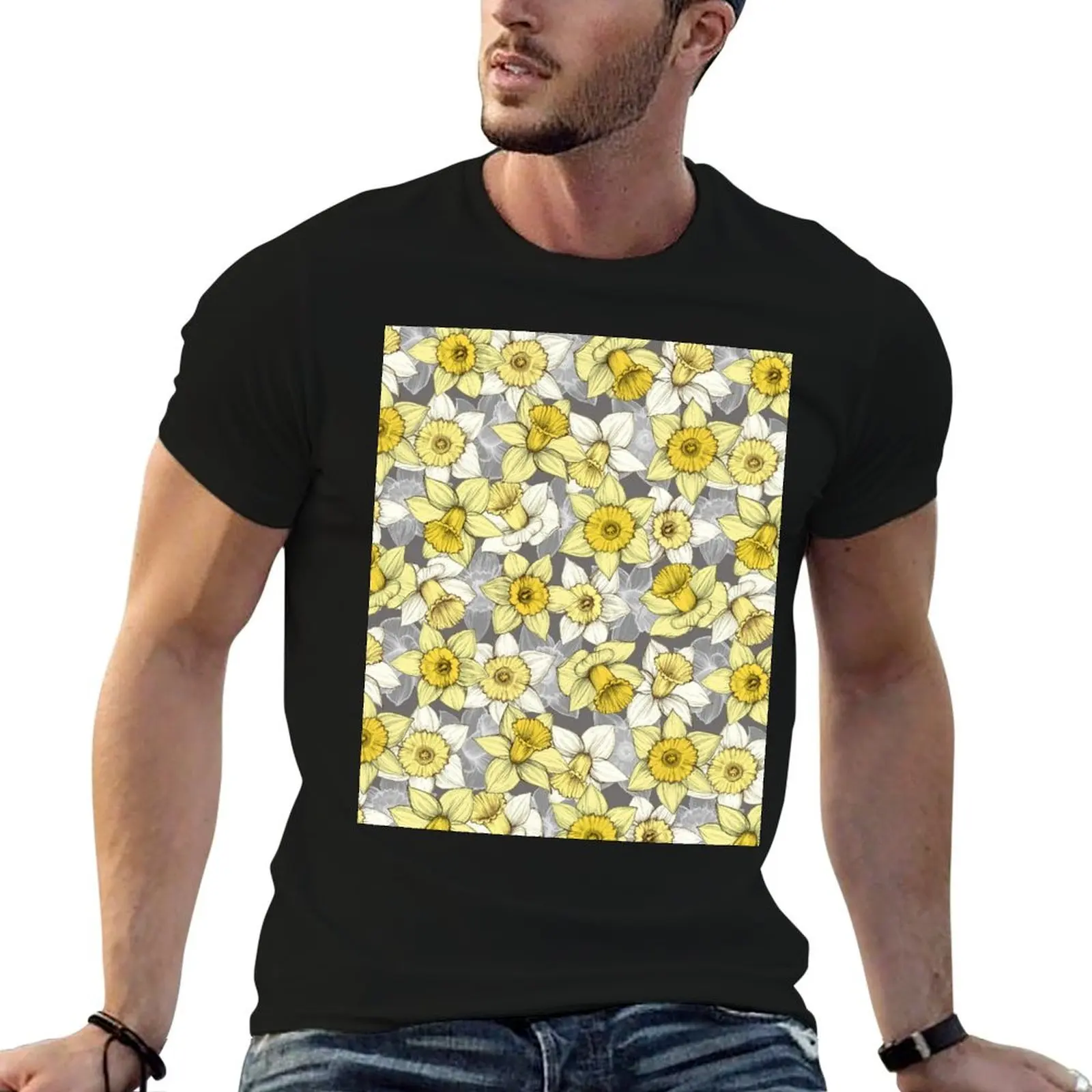 Daffodil Daze - yellow & grey daffodil illustration pattern T-Shirt plain for a boy t shirts for men pack