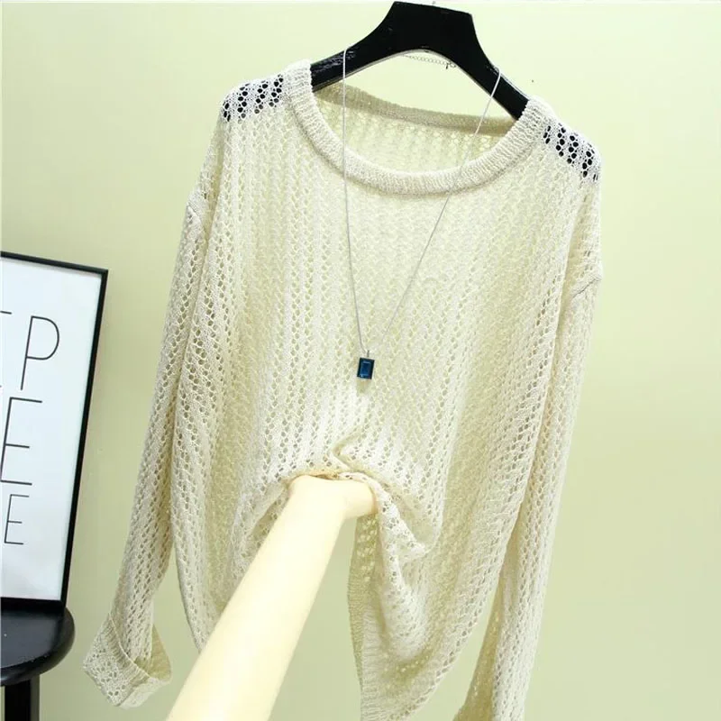 Ice Shreds Multicolor Fashion Women Summer New Large Size Knitting girocollo a maniche lunghe tinta unita Casual All-match Tops