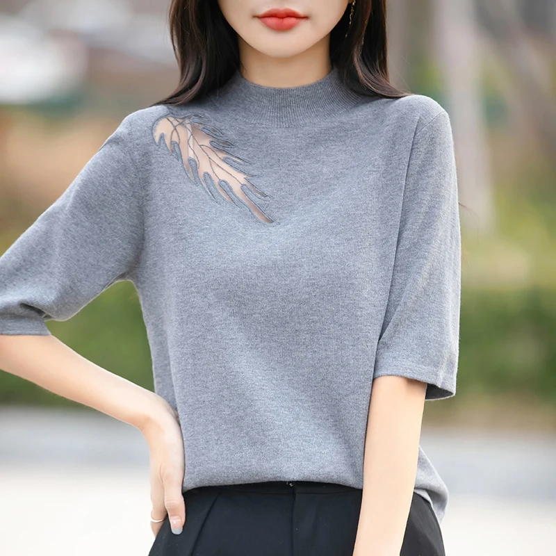 

Fine Merino Wool Sweater Women Half-high Collar Knitted Pullover Half Sleeve Tops Spring Summer Hollowed Leaves Casual Knitwear