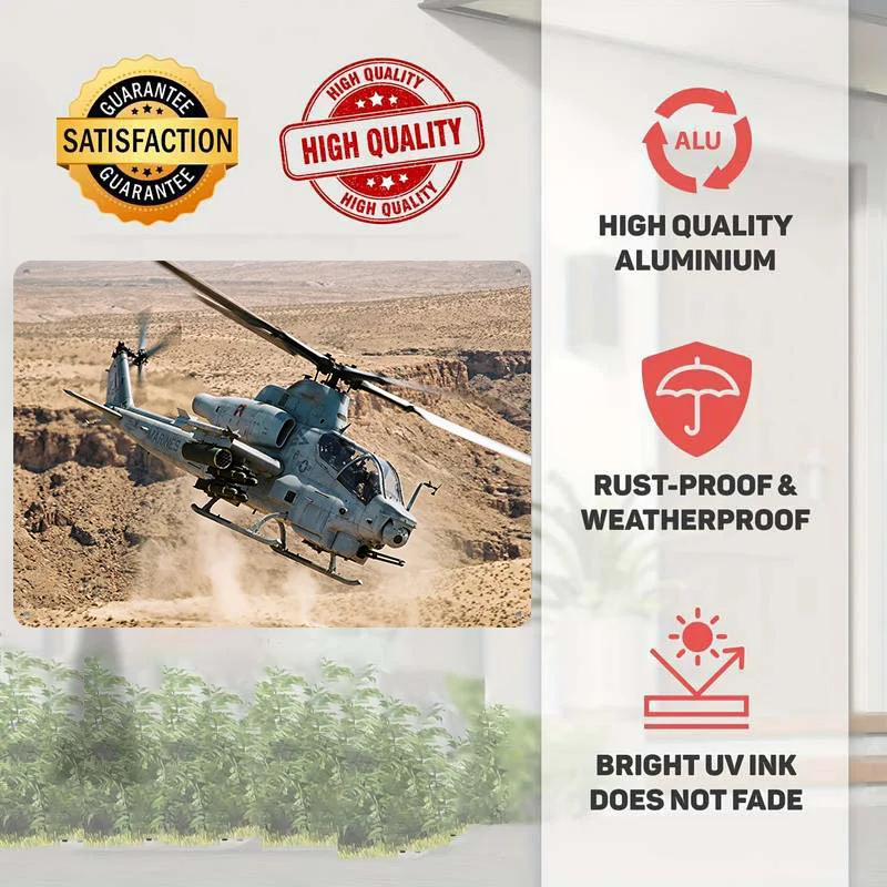 AH-1Z Viper Helicopter in Desert Canyon Poster Retro 3D Printed Metal Signs Customized Wall Hanging Gift for Room Decor Tin Sign