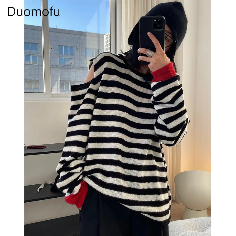 Duomofu Korean Classic Striped Basic Spell Color Female Pullovers Simple Hollow Out Casual Fashion Knit Sweater Women Pullovers