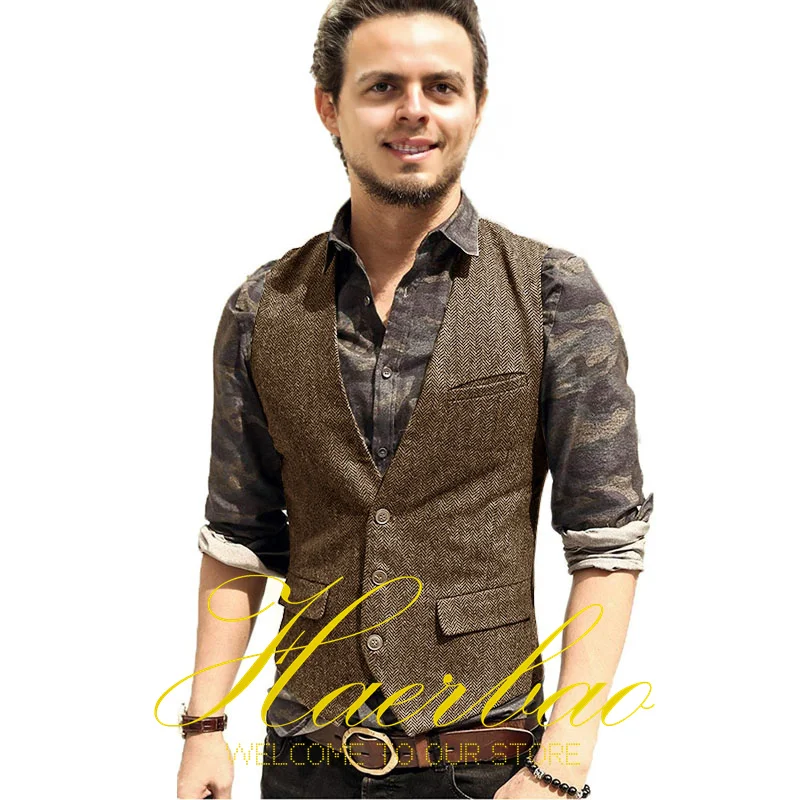 Black Men's Vest Herringbone Jacket Groom Formal Waistcoat Vintage Style Wool Sleeveless Jacket chaleco hombre