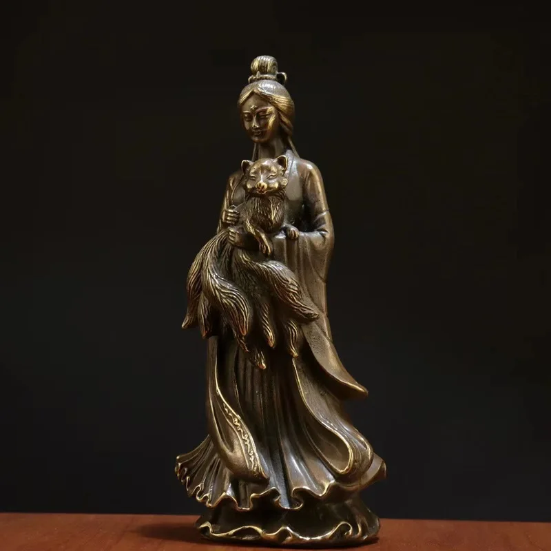 All-copper statue of -tailed female spirit empress, true image of the nine-goddess Daji, fox figurine for home w
