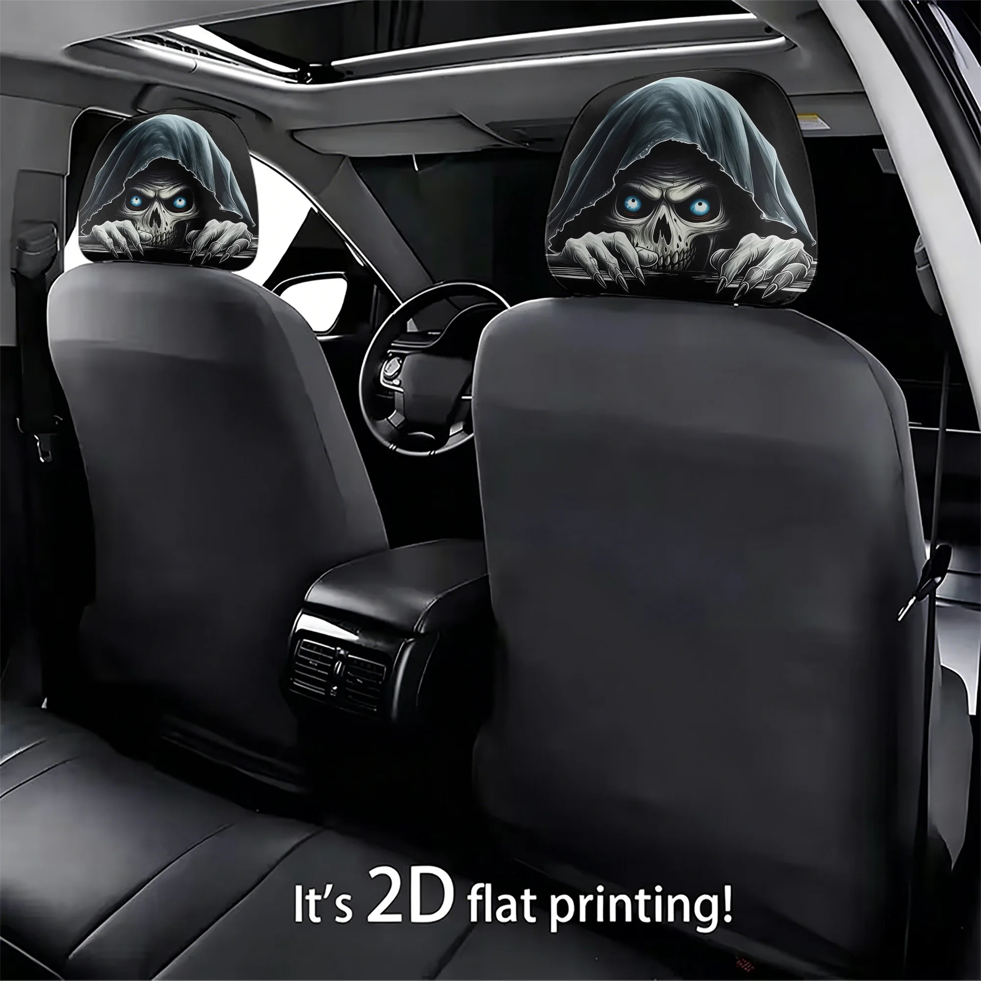 2pcs set of car headrest covers featuring a Grim Reaper design, adding a spooky style to your car’s interior. Filling not includ
