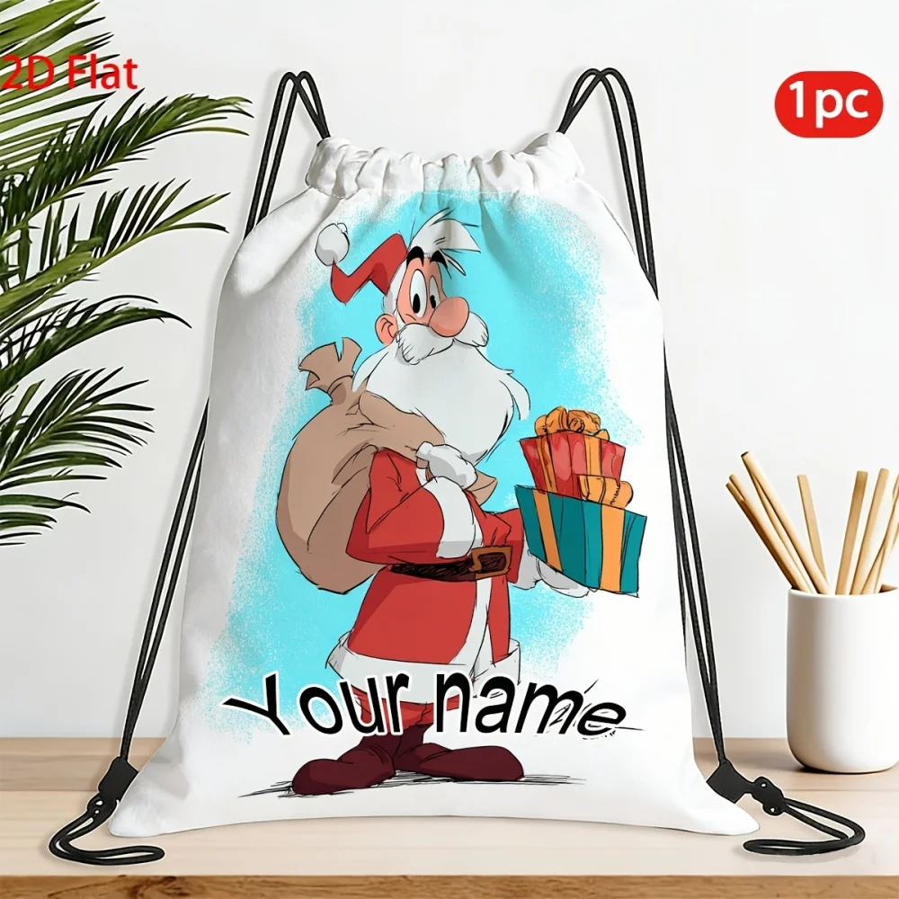 1Pc Christmas Custom Name/Text and Photo Drawstring Closure Backpack, Santa Claus Design Gift Storage Pouch,Xmas Party Candy Bag