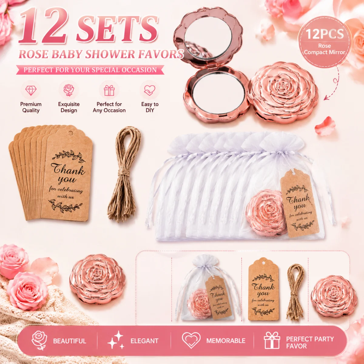 36 piezas/12 juegos de espejos de maquillaje con forma de rosa, recuerdos para invitados de boda y fiestas de 15 años, incluye bolsa de tul y tarjeta