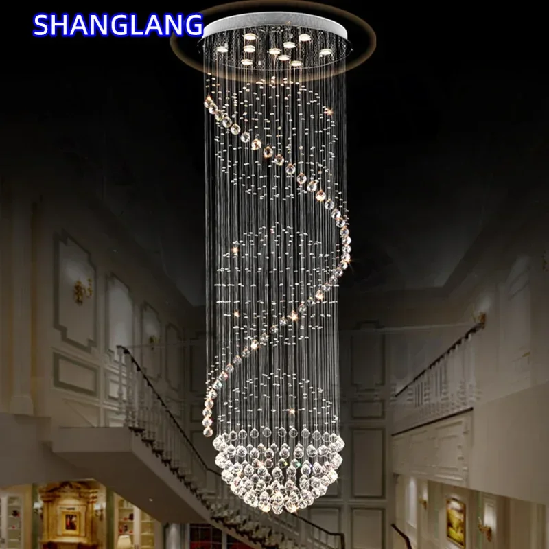 Modern Crystal Chandelier Lamp Long Double Staircase LED Pendant Lights Stylish Hotel Project Villa Hall Suspension Wire Lustre