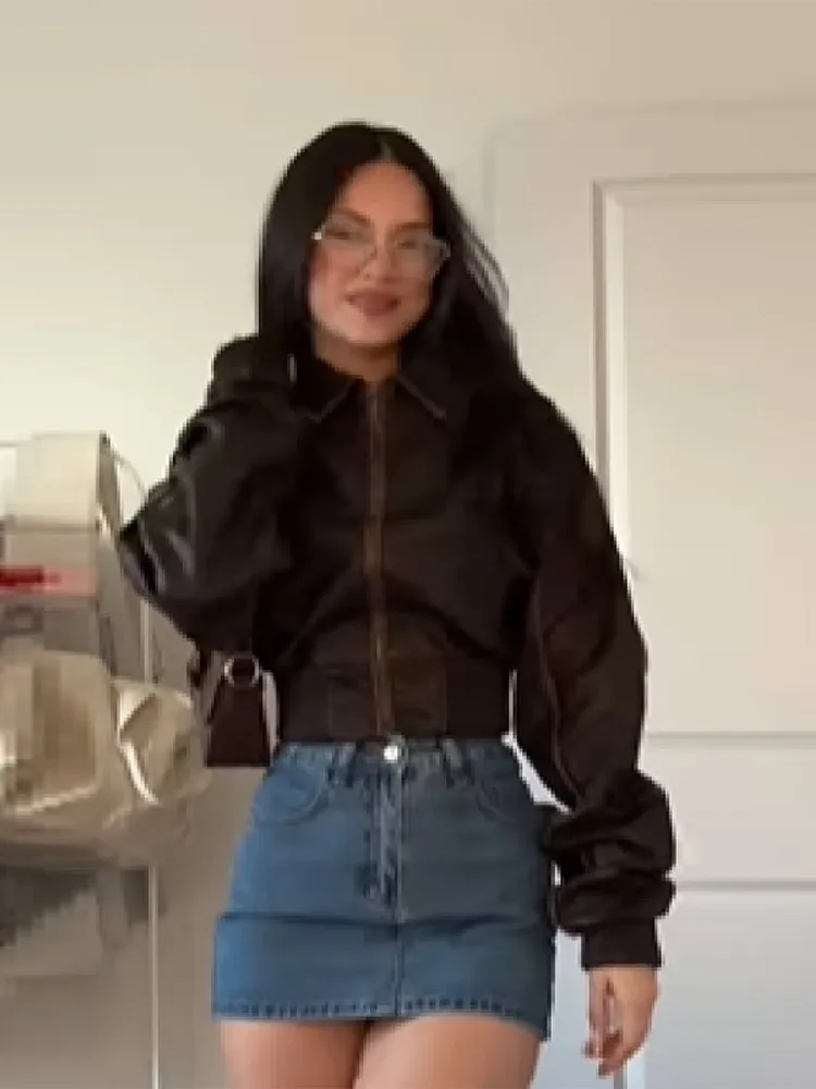 Vintage Women Leather Jackets For Women Slim Waist Lapel Long Sleeve Coats Zipper Y2k Short Streetwear 2025 New Lady Outwears