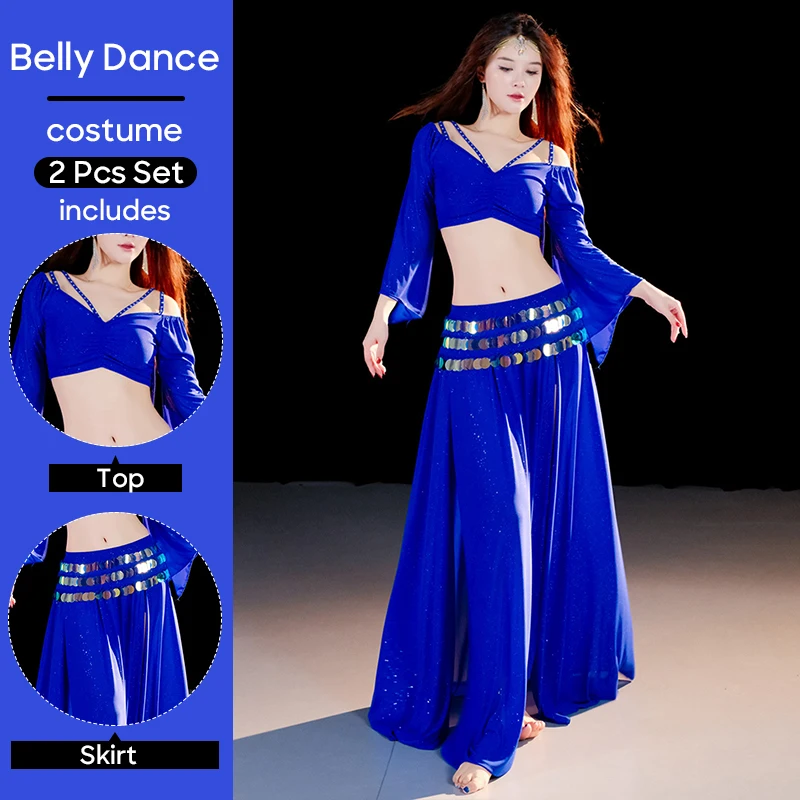 مجموعة ملابس أداء الرقص الشرقي توب وتنورة 2 قطعة مجموعة أزياء مثيرة للنساء بدلة تدريب الأداء ملابس الزي