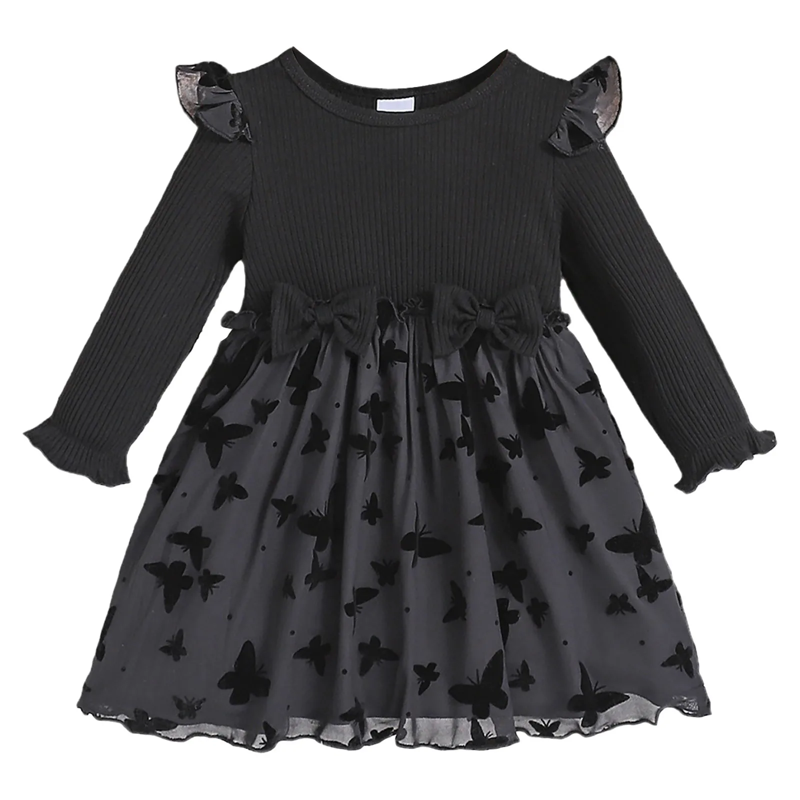 Dress Baby Girls 0-3Years Black Long Sleeve Ribbes Mesh Patchwork Dress For Girls Newborn Baby Girl Outfits Birthday Party Dress