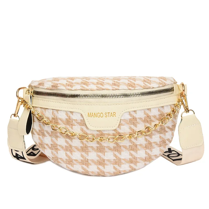 Women 2022 Waist Packs Wide Strap Crossbody Chest Bag Female Elegant Plaid PU Leather Fanny Pack Ladies Stylish Fanny Pack